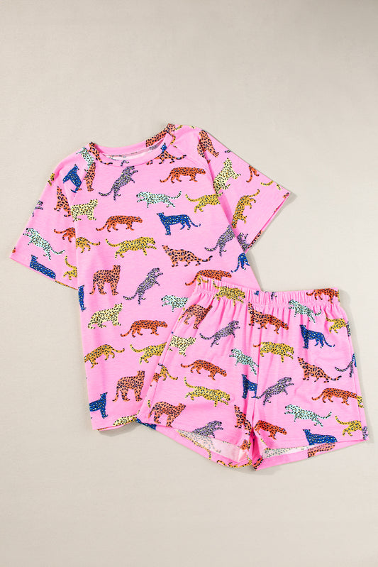 Conjunto de pantalones cortos de dos piezas con cintura alta y manga corta con estampado de flores rosa