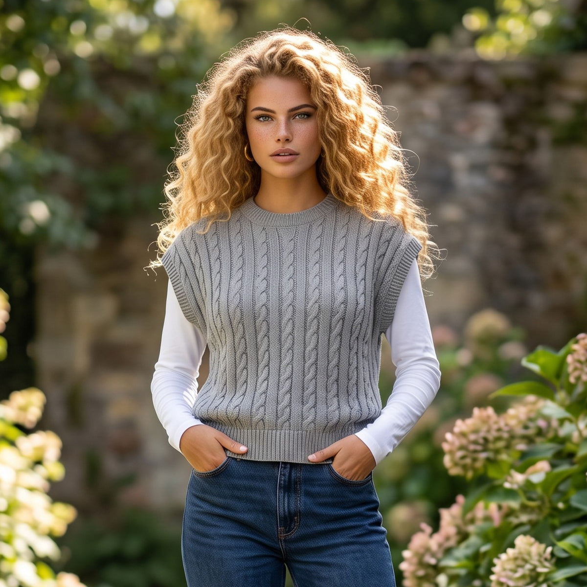 Pull gris torsadé à col rond et manches courtes