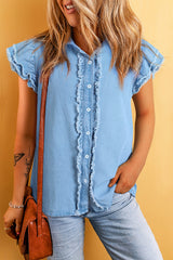 ALTO en mezclilla escasgada con volantes abotonados en la parte delantera hermosa azul