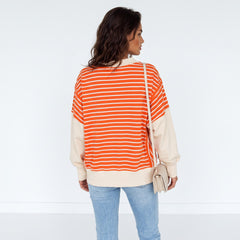 Orange striped and color block sweatshirt, loose fit, dropped collar and shoulders