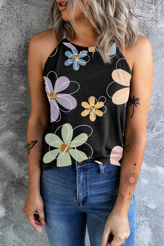 Camiseta sin mangas con estampado floral dulce negra