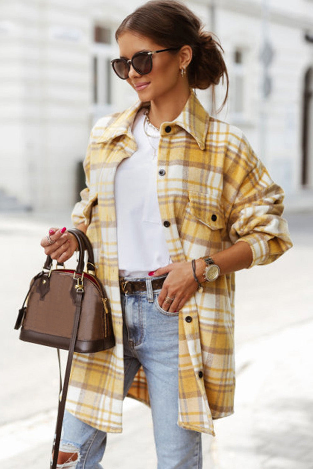 Yellow long sleeve jacket with flap pocket and checks