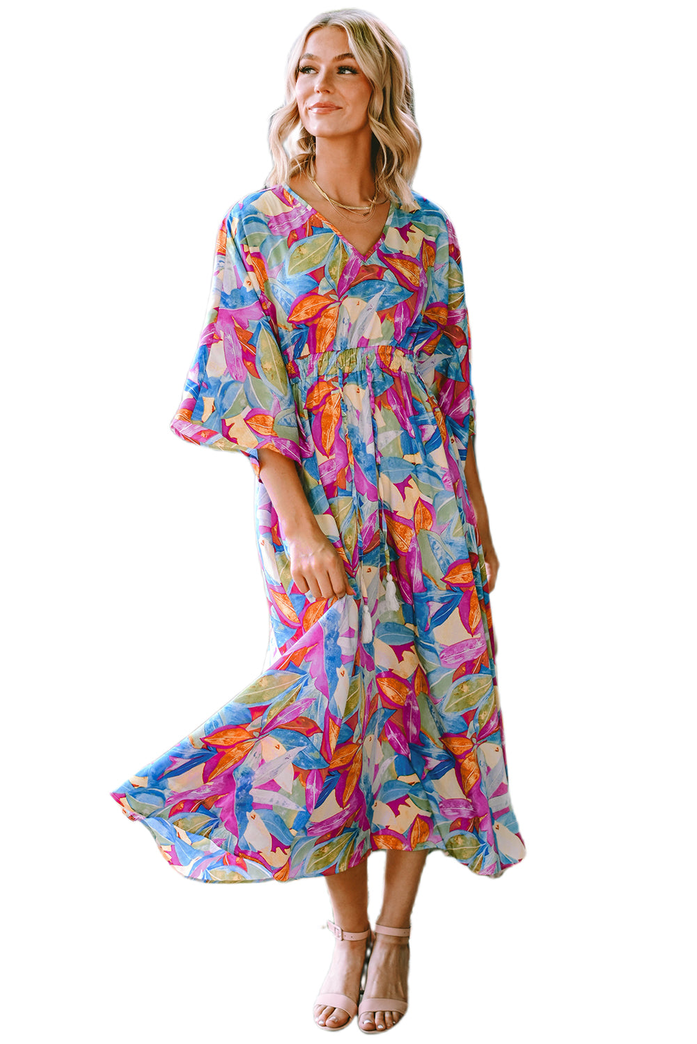 Robe longue multicolore à imprimé abstrait, taille haute, col en V
