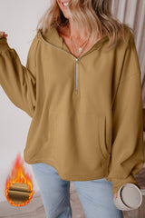 Brown loose hoodie with kangaroo pockets and half-zip lined with fleece