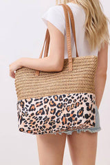 Grand sac cabas effet paille tressée à empiècement léopard