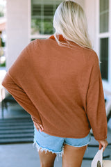Brown waffle knit long sleeve top with buttons and contrast trim