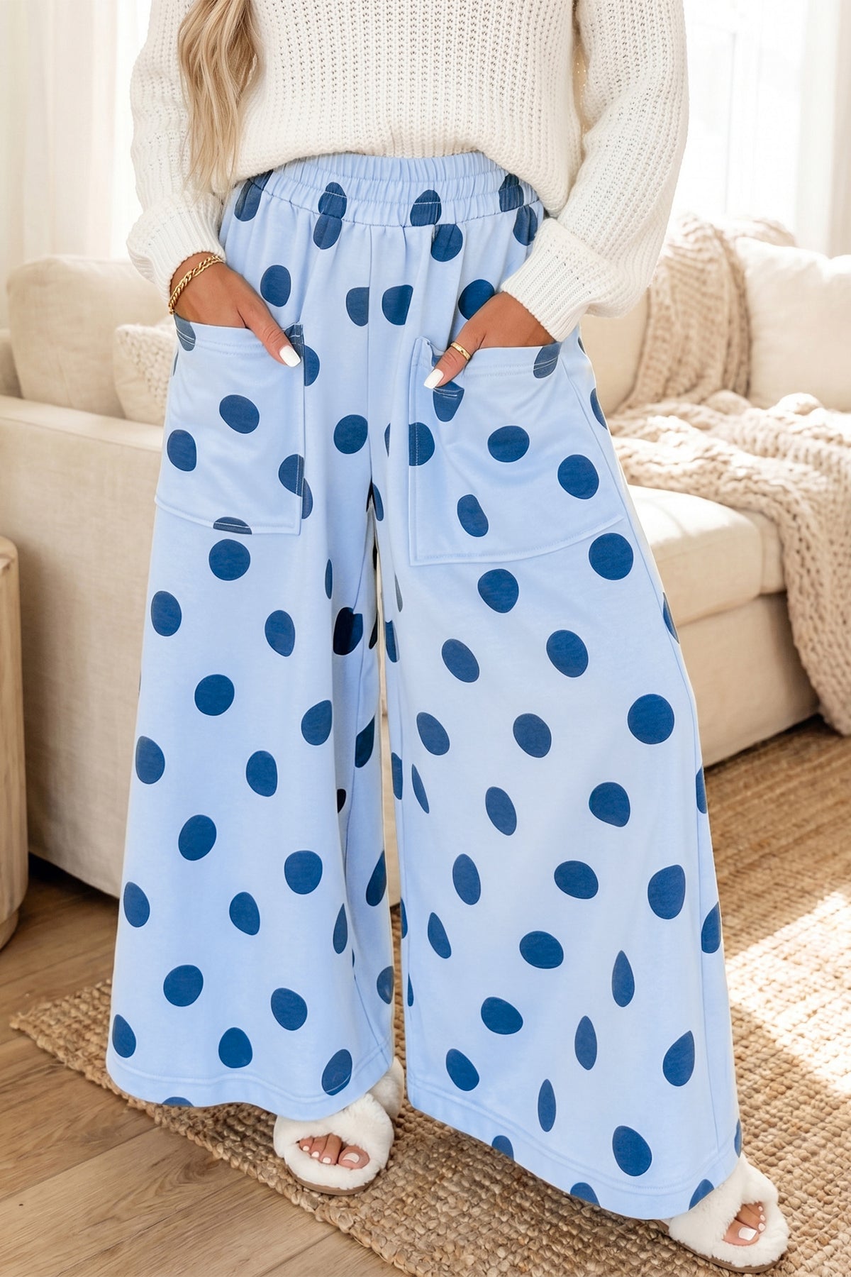 Pantalon large à pois, taille élastiquée et poches plaquées
