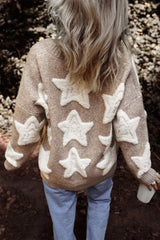 Cardigan pull texturé kaki à motif d'étoiles en sherpa avec poches-A WOMAN WE LOVE