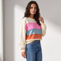 Sudadera blanca con cuello redondo y hombros que caen en bloque de color de mosaico