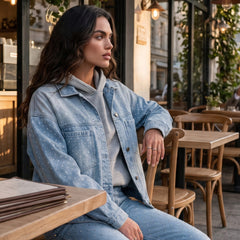 Veste en jean bleu ciel à pois et poches plaquées