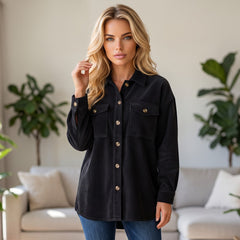 Black buttoned jacket with flap pocket in corduroy