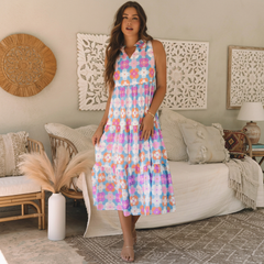 Robe longue bleu ciel fleurie sans manches à volants
