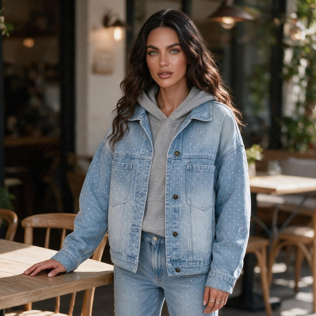 Veste en jean bleu ciel à pois et poches plaquées