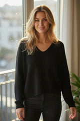 Pull en maille douce à col en V Noir