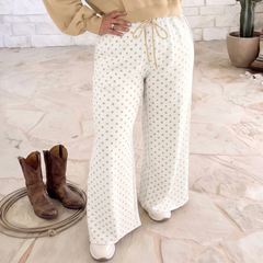 Ensemble beige grande taille à manches à pois et pantalon large à cordon